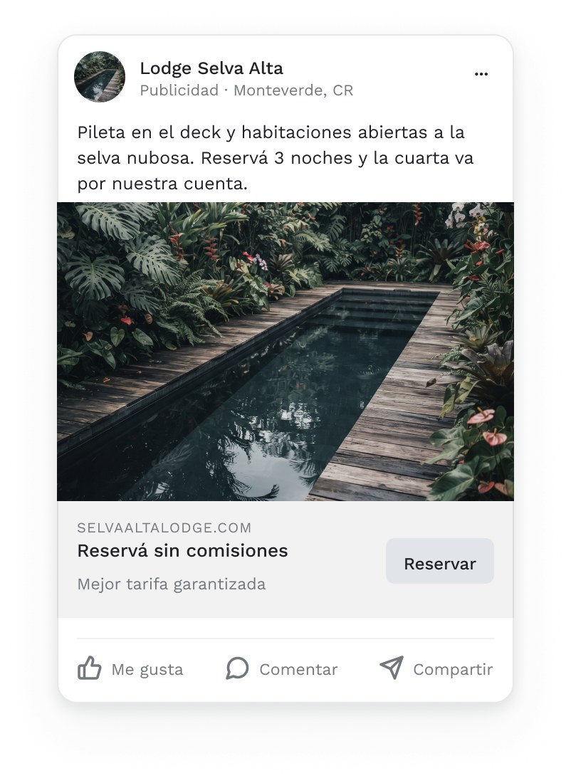Ejemplo de anuncio en el feed de Facebook de un lodge en la selva