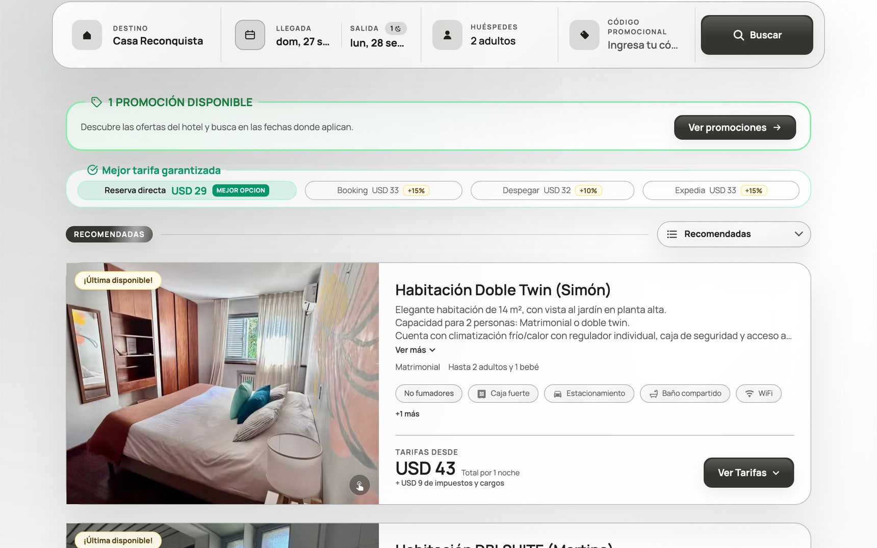 Motor de reservas de Casa Reconquista con habitaciones y tarifas