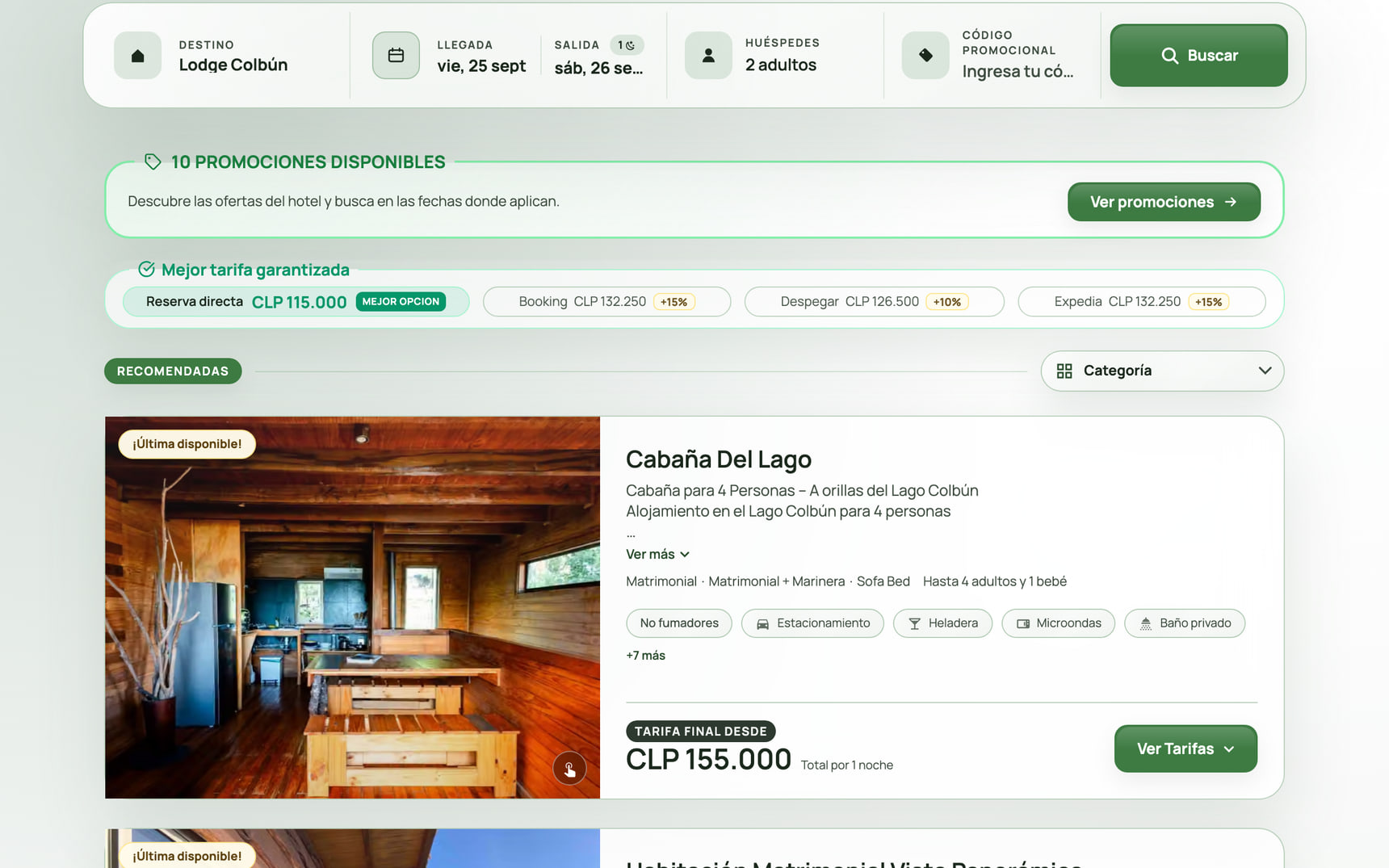 Motor de reservas de Lodge Colbún con habitaciones, tarifas y el comparador frente a las OTA