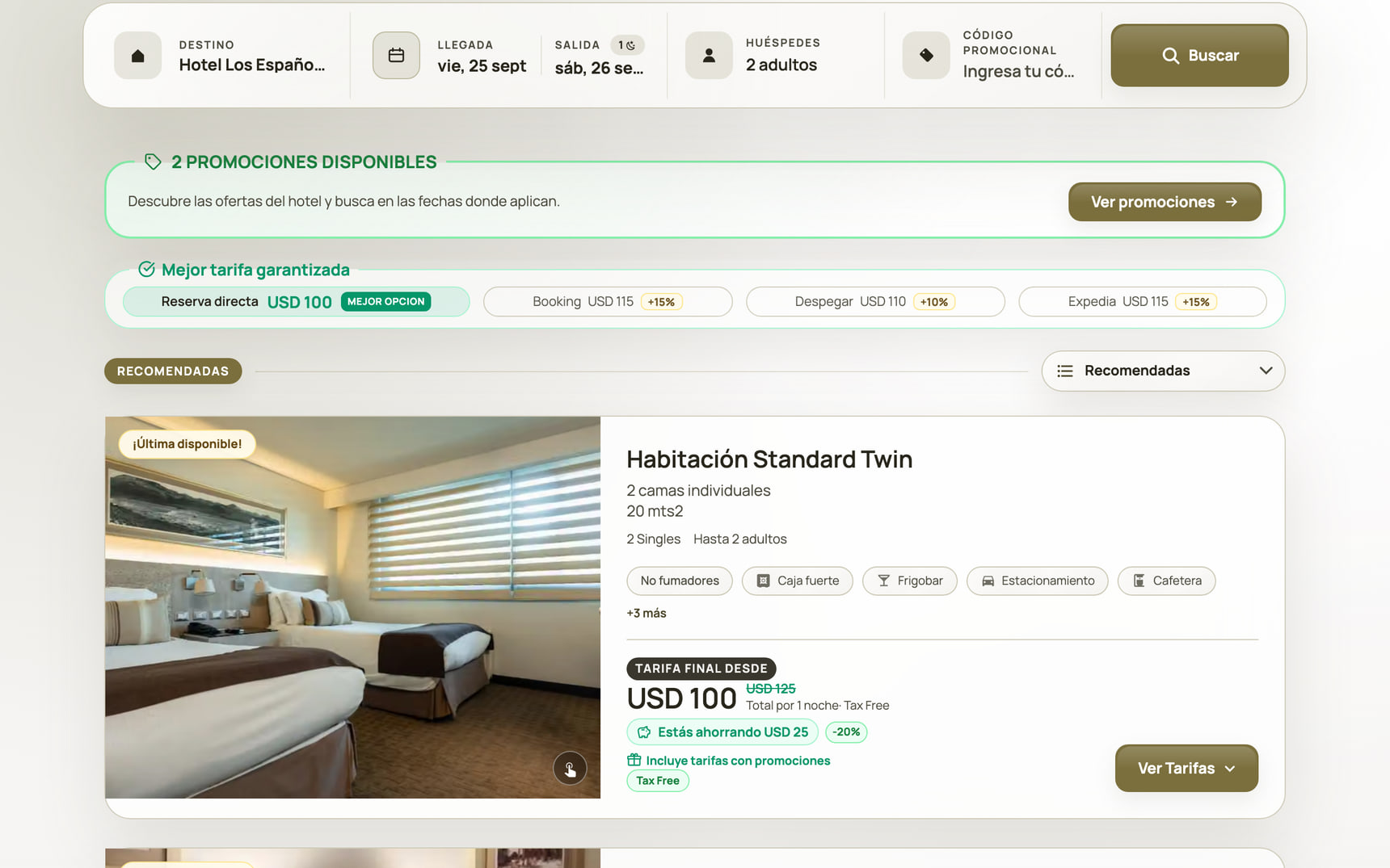 Motor de reservas de Hotel Los Españoles Plus con habitaciones, tarifas y el comparador frente a las OTA