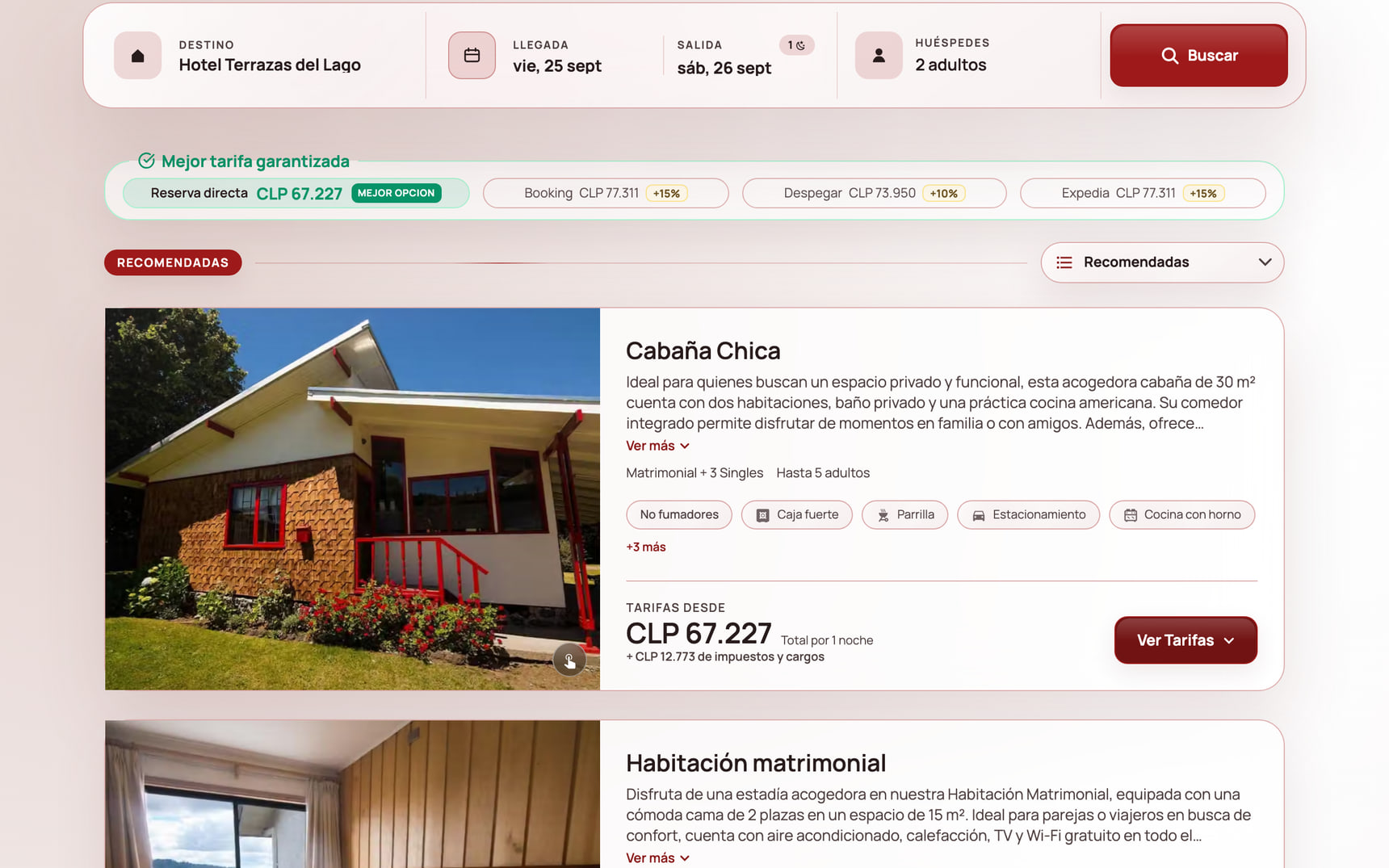 Motor de reservas de Hotel Terrazas del Lago con habitaciones, tarifas y el comparador frente a las OTA