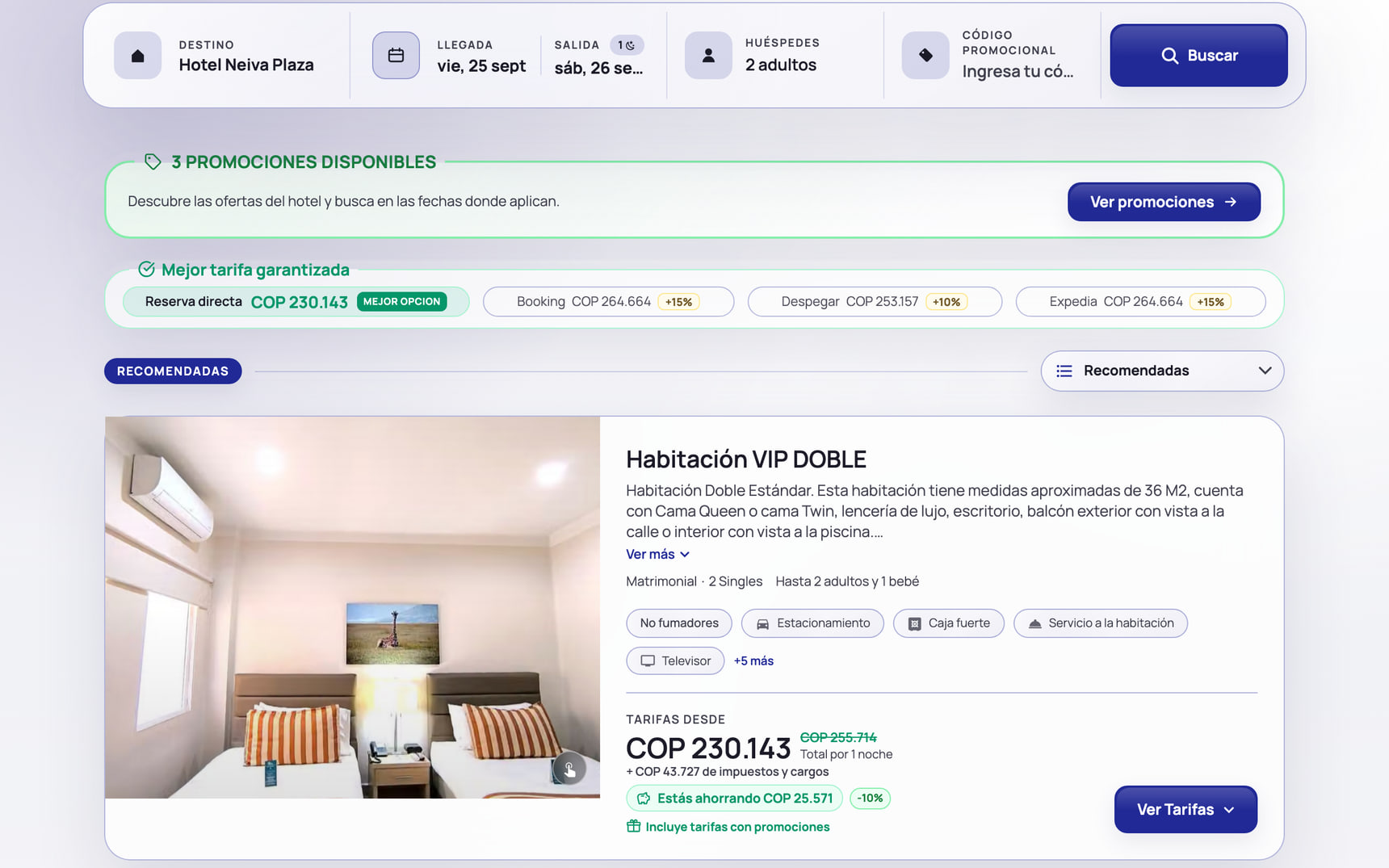 Motor de reservas de Hotel Neiva Plaza con habitaciones, tarifas y el comparador frente a las OTA