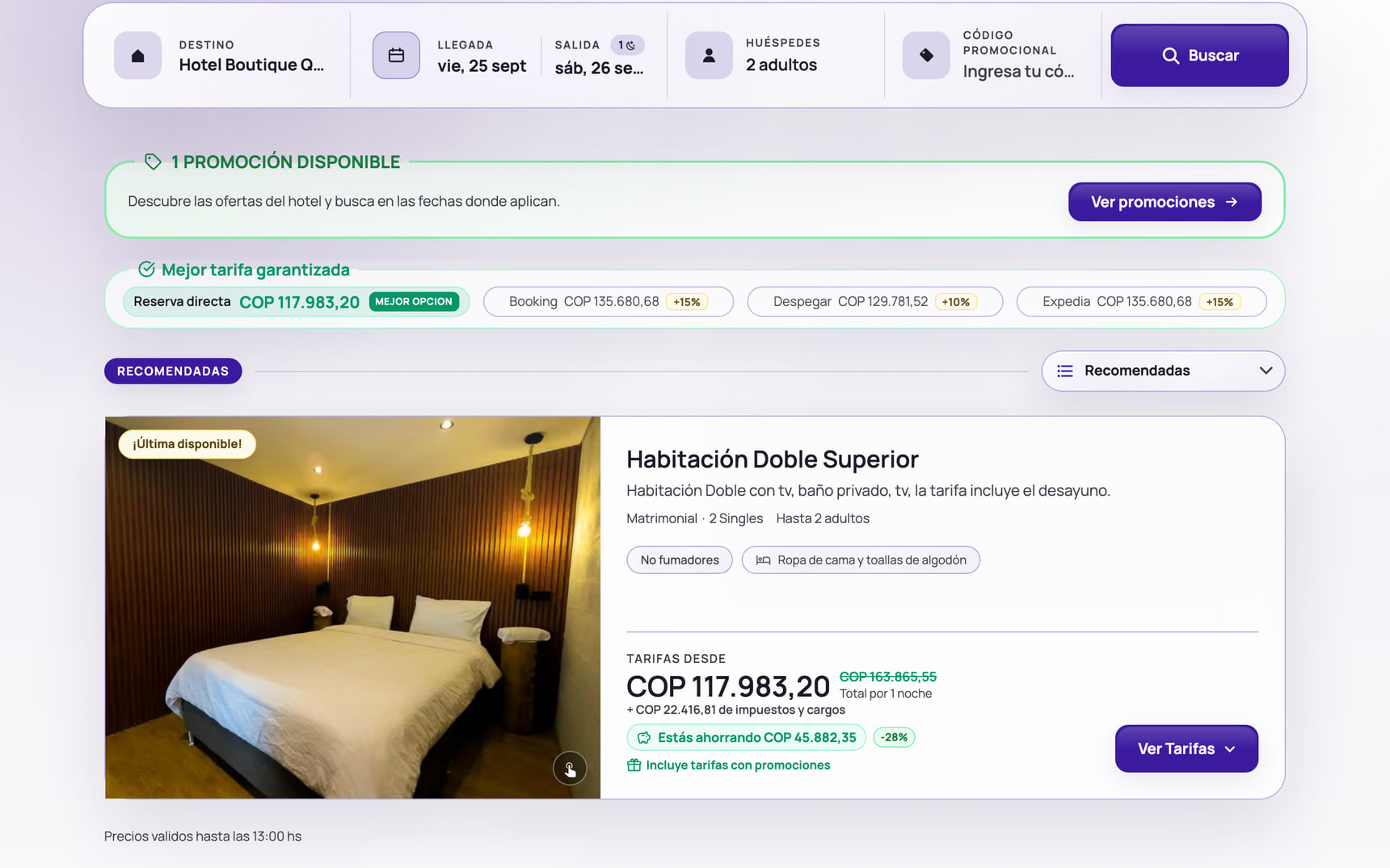 Motor de reservas de Hotel Boutique Quinta Bolívar con habitaciones, tarifas y el comparador frente a las OTA