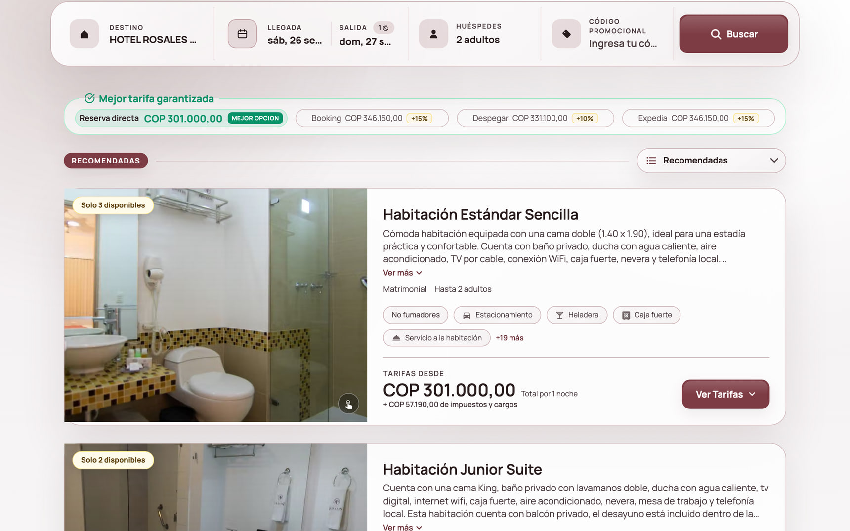 Motor de reservas de Hotel Rosales Boutique con habitaciones, tarifas y el comparador frente a las OTA