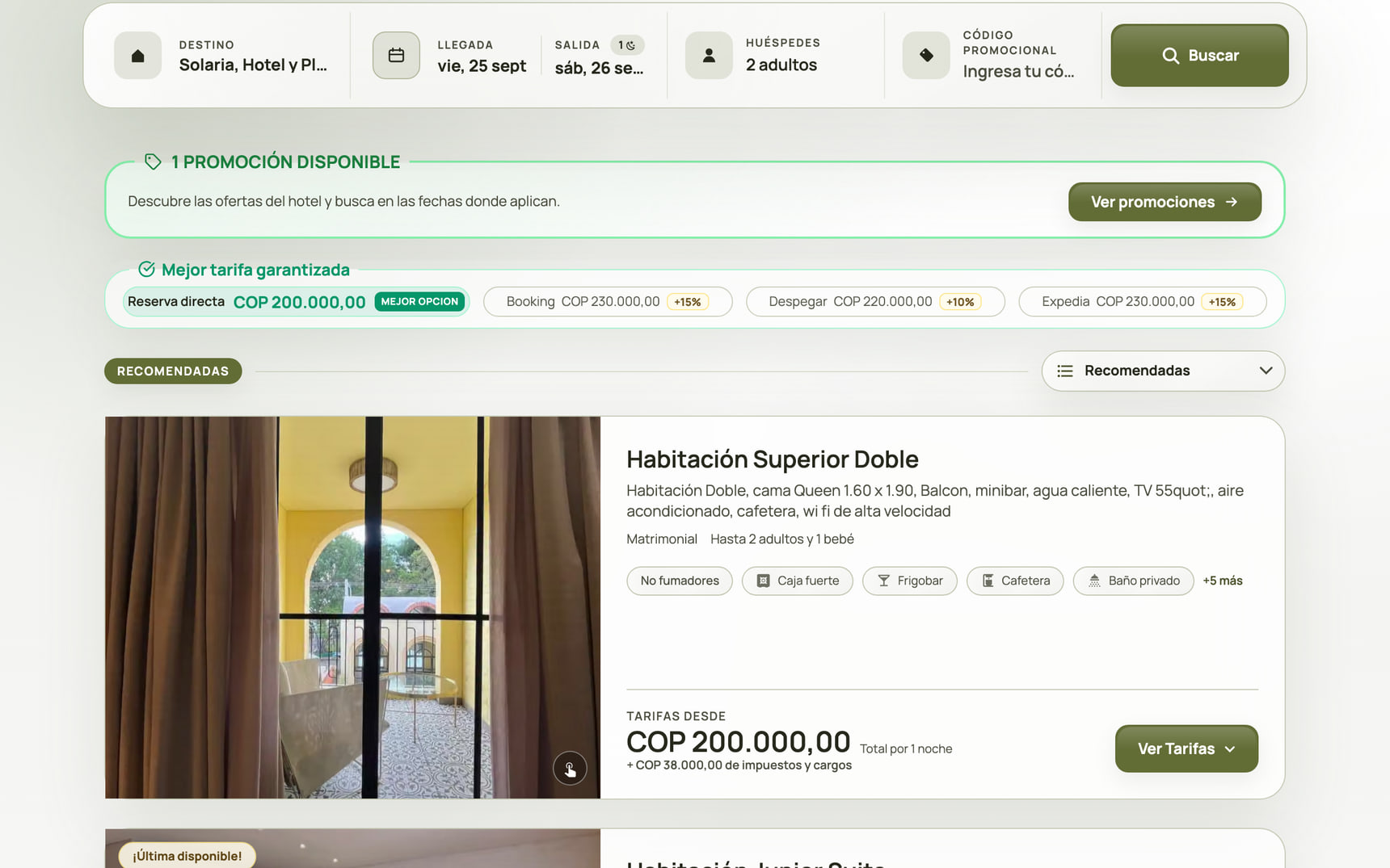 Motor de reservas de Solaria Hotel y Plaza Social con habitaciones, tarifas y el comparador frente a las OTA