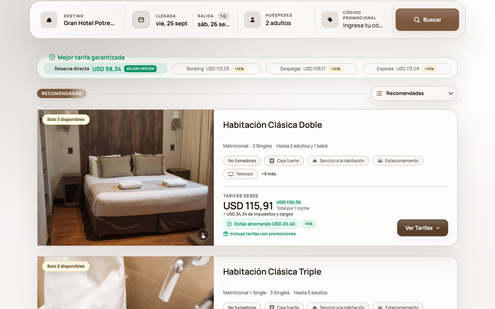 Motor de reservas de Gran Hotel Potrerillos mostrando la tarifa directa más baja que en Booking, Despegar y Expedia