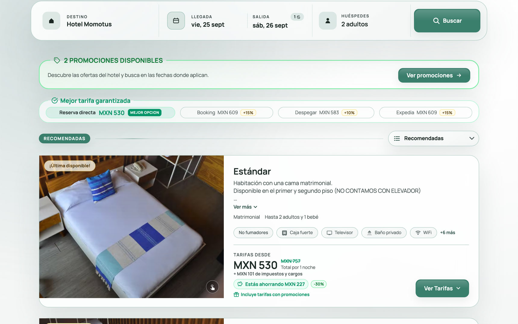Motor de reservas de Hotel Momotus con habitaciones, tarifas y el comparador frente a las OTA