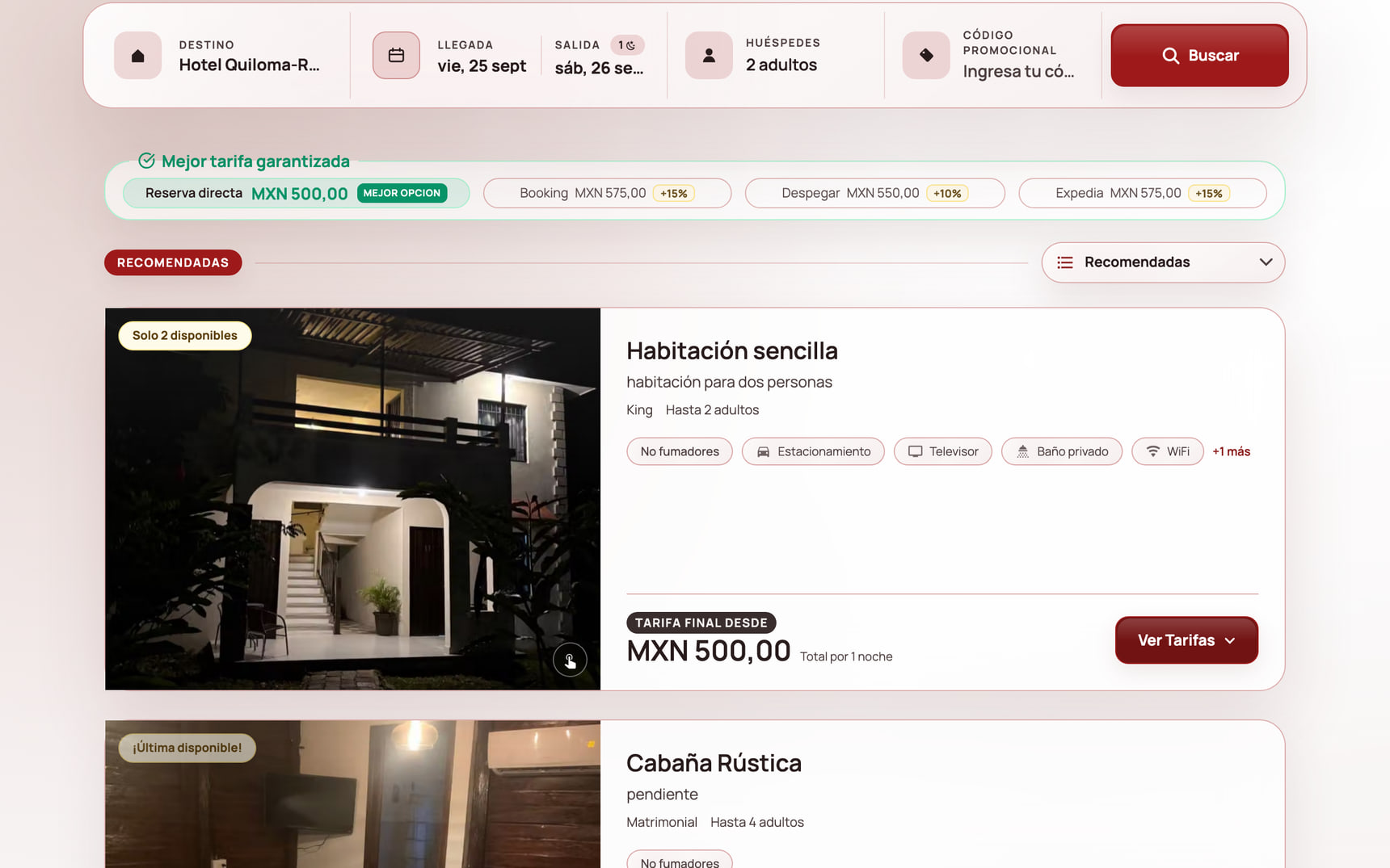 Motor de reservas de Hotel Quiloma Ranch con habitaciones, tarifas y el comparador frente a las OTA