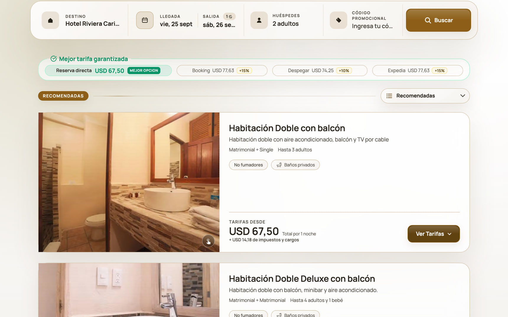 Motor de reservas de Hotel Riviera Caribe Maya con habitaciones, tarifas y el comparador frente a las OTA