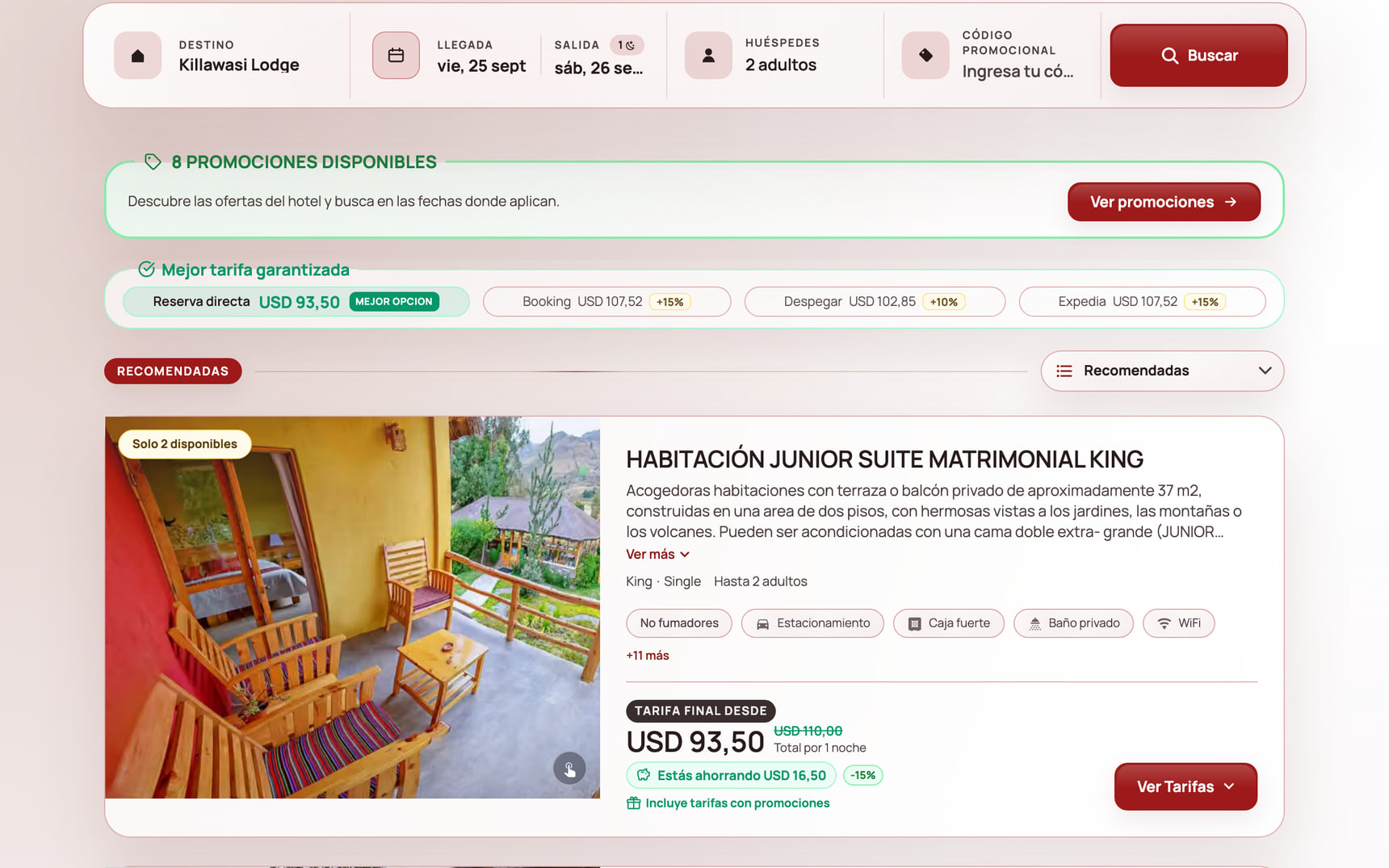Motor de reservas de Killawasi Lodge con habitaciones, tarifas y el comparador frente a las OTA