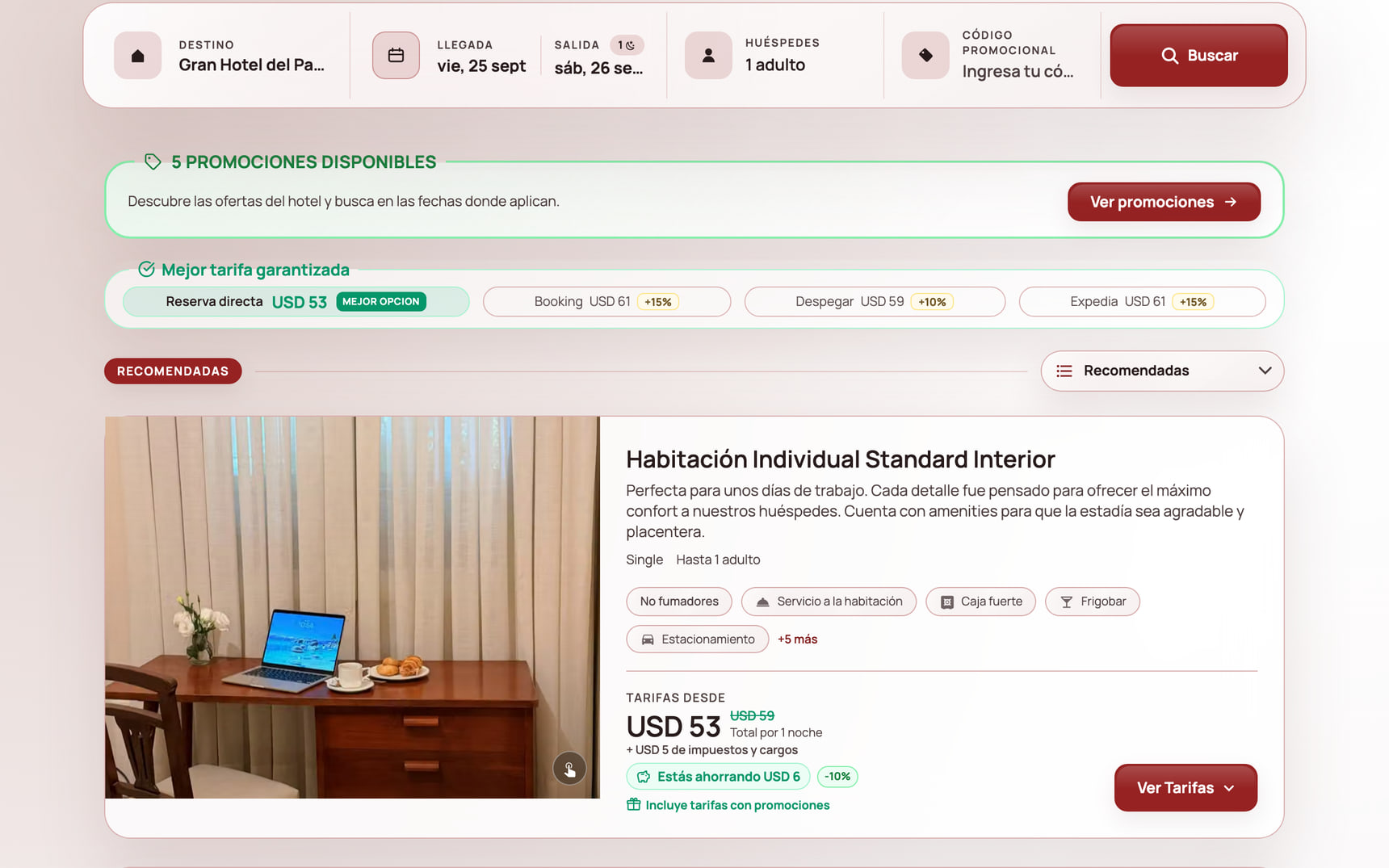 Motor de reservas de Gran Hotel del Paraguay con habitaciones, tarifas y el comparador frente a las OTA
