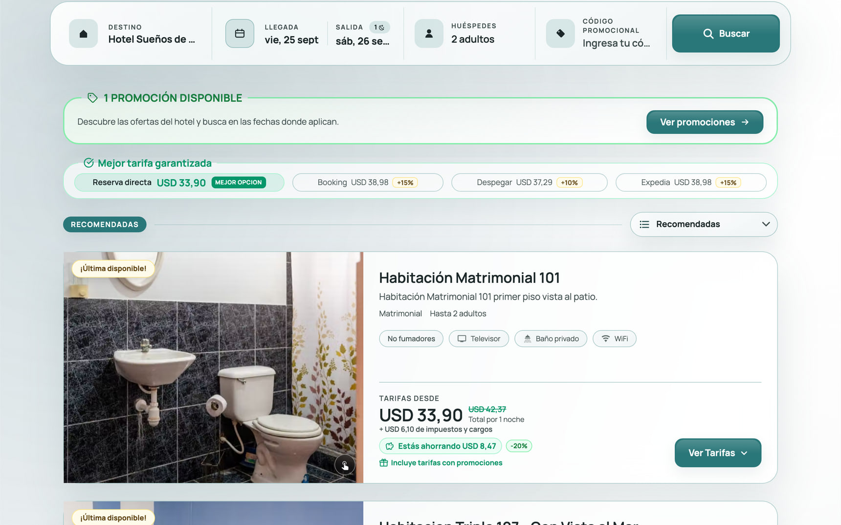 Motor de reservas de Sueños de Chicama con la tarifa directa y el comparador de precios