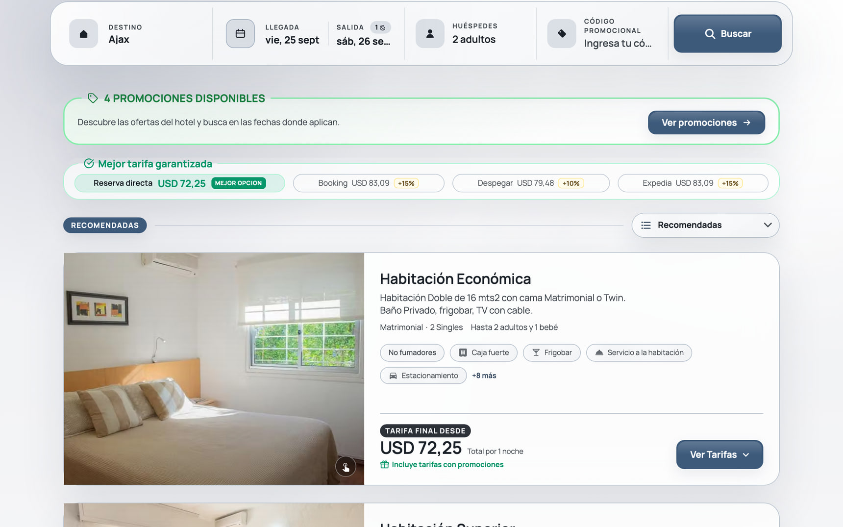 Motor de reservas de Hotel Ajax con habitaciones, tarifas y el comparador frente a las OTA