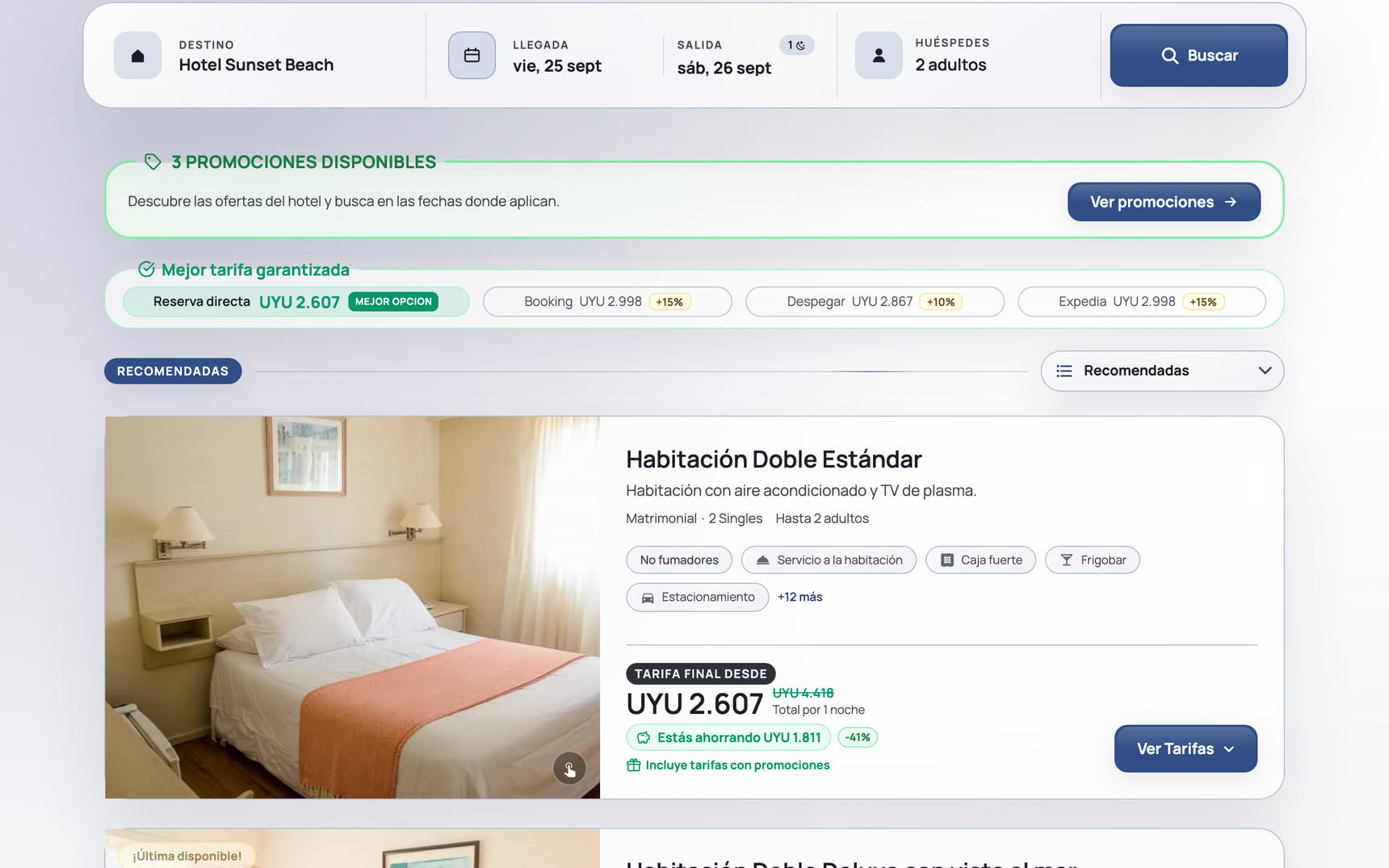 Motor de reservas de Hotel Sunset Beach con habitaciones, tarifas y el comparador frente a las OTA