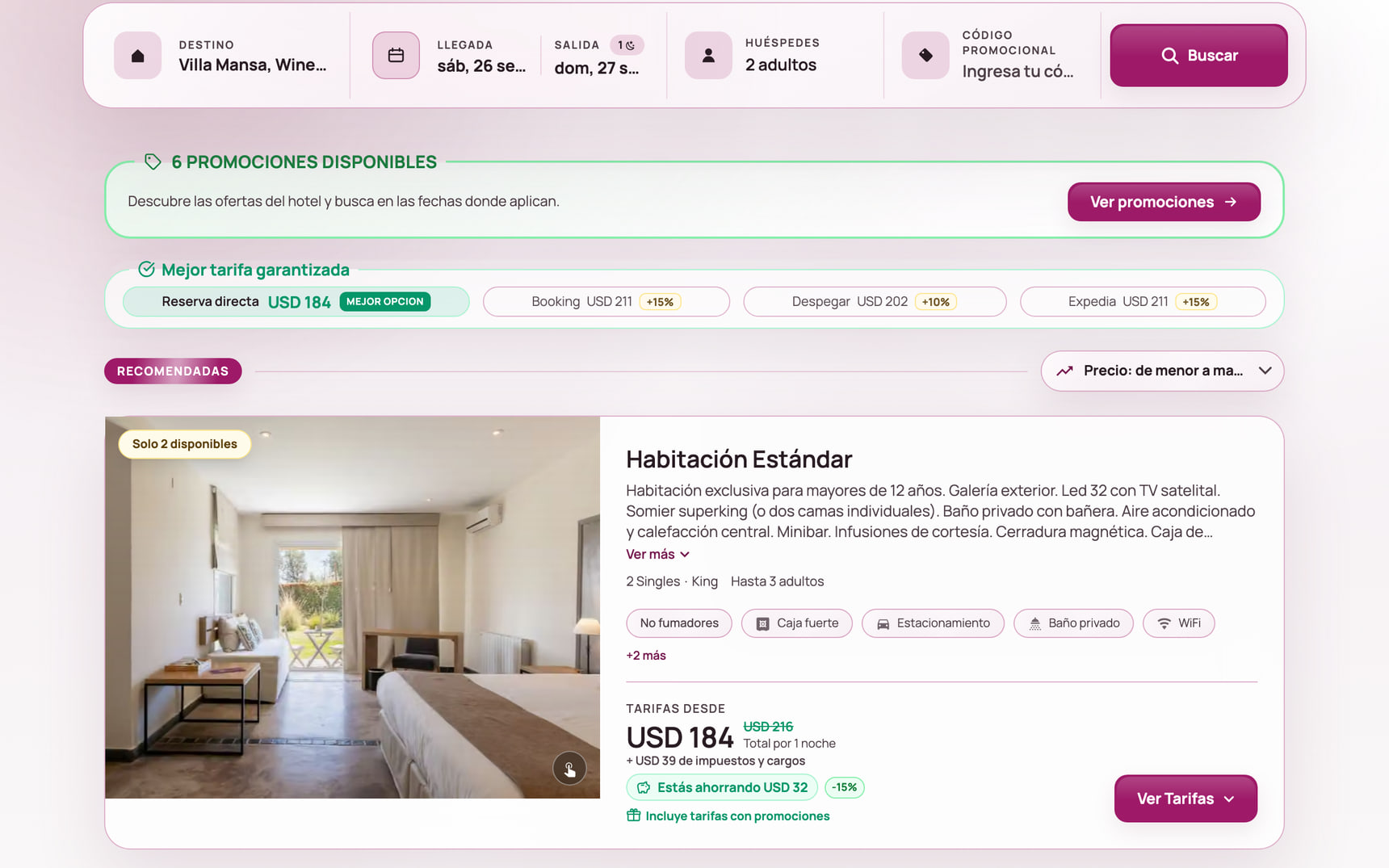 Motor de reservas de Villa Mansa con promociones disponibles y habitaciones
