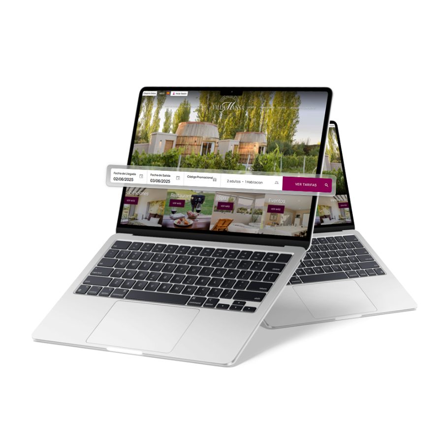 El motor de reservas de Pxsol abierto en una notebook, sobre la web de una propiedad